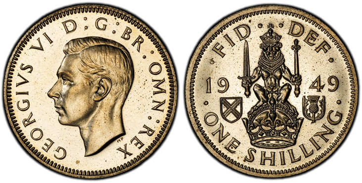 1086157 GREAT BRITAIN. George VI. (King, 1936-1952). 1949 Copper-Nickel Shilling. PCGS PR65 Cameo.  Edge: Reeded. 23.5mm. 5.65gm. Head left / Scottish crest; lion seated atop crown holding sword and scepter divides date, shields flank. KM 877. Pro...
