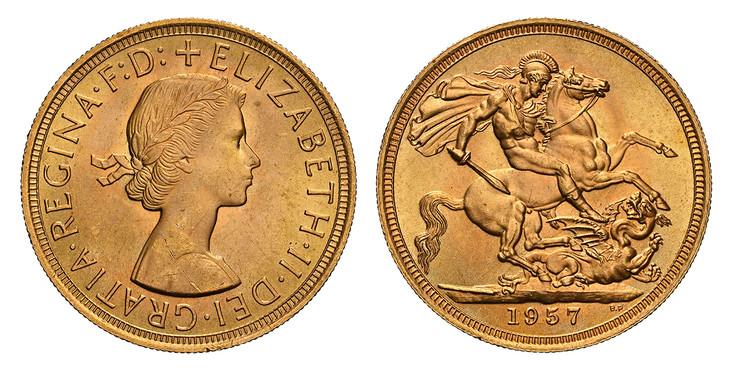 1085580 GREAT BRITAIN. Elizabeth II. (Queen, 1952-2022). 1957 AV Sovereign. NGC MS66.  Laureate bust right / St. George slaying the dragon. KM 908; SCBC-4124; Marsh 297.

Please use this link to verify the NGC certification number <a href="https:/...