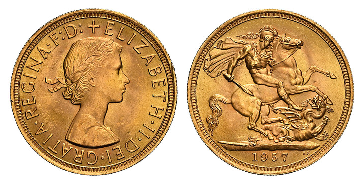 1085581 GREAT BRITAIN. Elizabeth II. (Queen, 1952-2022). 1957 AV Sovereign. NGC MS65.  Laureate bust right / St. George slaying the dragon. KM 908; SCBC-4124; Marsh 297.

Please use this link to verify the NGC certification number <a href="https:/...