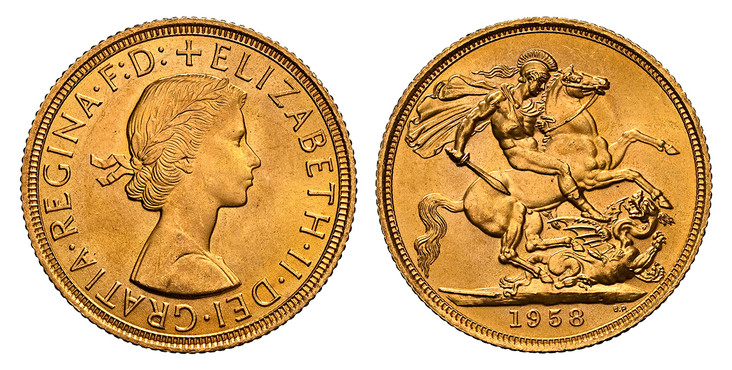 1085302 GREAT BRITAIN. Elizabeth II. (Queen, 1952-2022). 1958 AV Sovereign. NGC MS66+.  By Mary Gillick (Obv.). Laureate bust right / St. George slaying the dragon. KM 908; SCBC-4125; Marsh 298.

Please use this link to verify the NGC certificatio...