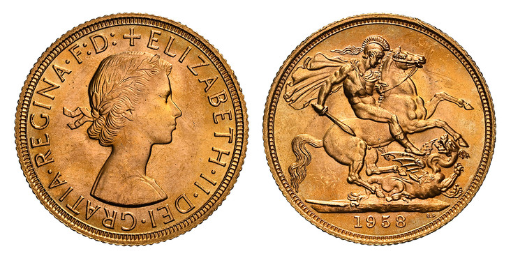 1085583 GREAT BRITAIN. Elizabeth II. (Queen, 1952-2022). 1958 AV Sovereign. NGC MS65.  Laureate bust right / St. George slaying the dragon. KM 908; SCBC-4125; Marsh 298.

Please use this link to verify the NGC certification number <a href="https:/...