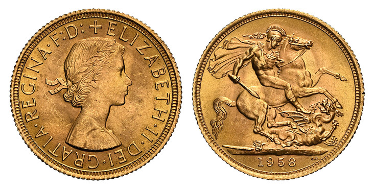 1085584 GREAT BRITAIN. Elizabeth II. (Queen, 1952-2022). 1958 AV Sovereign. NGC MS64.  Laureate bust right / St. George slaying the dragon. KM 908; SCBC-4125; Marsh 298.

Please use this link to verify the NGC certification number <a href="https:/...