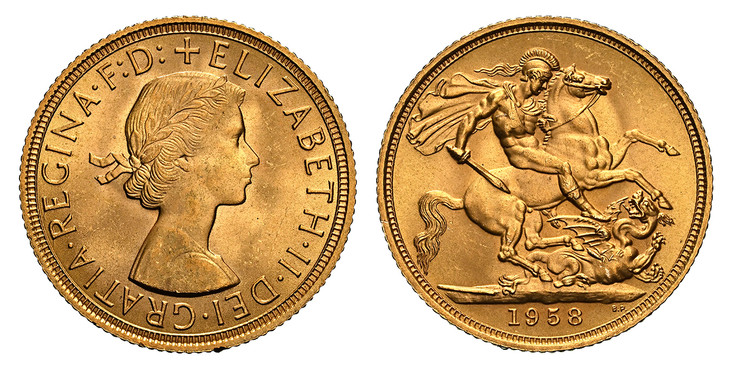 1085588 GREAT BRITAIN. Elizabeth II. (Queen, 1952-2022). 1958 AV Sovereign. NGC MS66.  Laureate bust right / St. George slaying the dragon. KM 908; SCBC-4125; Marsh 298.

Please use this link to verify the NGC certification number <a href="https:/...