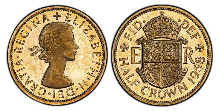 1086346 GREAT BRITAIN. Elizabeth II. (Queen, 1952-2022). 1958 Copper-Nickel Halfcrown. PCGS PR66 Cameo.  Edge: Reeded. without BRITT OMN. Laureate bust right / Crowned quartered shield flanked by initials, 'ER'. KM 907. Proof; SCBC-4145.

Please u...