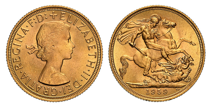 1085592 GREAT BRITAIN. Elizabeth II. (Queen, 1953-2022). 1959 AV Sovereign. NGC MS65.  Laureate bust right / St. George slaying the dragon. KM 908; SCBC-4125; Marsh 299.Please use this link to verify the NGC certification number <a href="http...