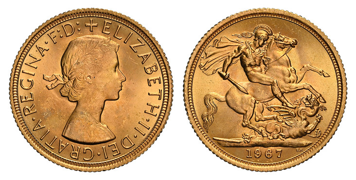 1085616 GREAT BRITAIN. Elizabeth II. (Queen, 1952-2022). 1967 AV Sovereign. NGC MS64.  Laureate bust right / St. George slaying the dragon. KM 908; SCBC-4125; Marsh 305.

Please use this link to verify the NGC certification number <a href="https:/...