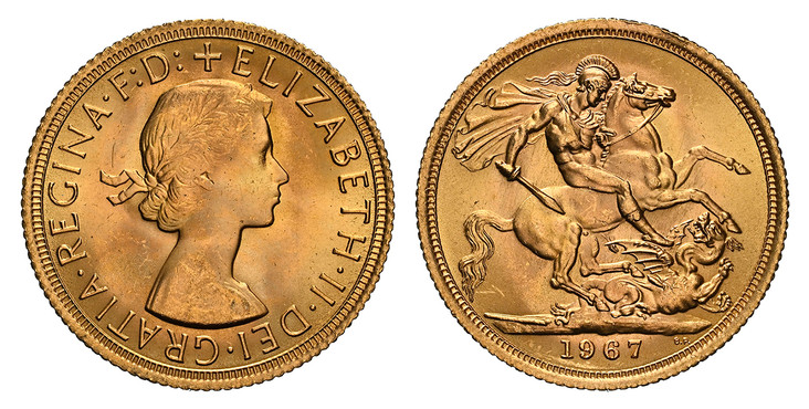 1085620 GREAT BRITAIN. Elizabeth II. (Queen, 1952-2022). 1967 AV Sovereign. NGC MS65.  Laureate bust right / St. George slaying the dragon. KM 908; SCBC-4125; Marsh 305.

Please use this link to verify the NGC certification number <a href="https:/...