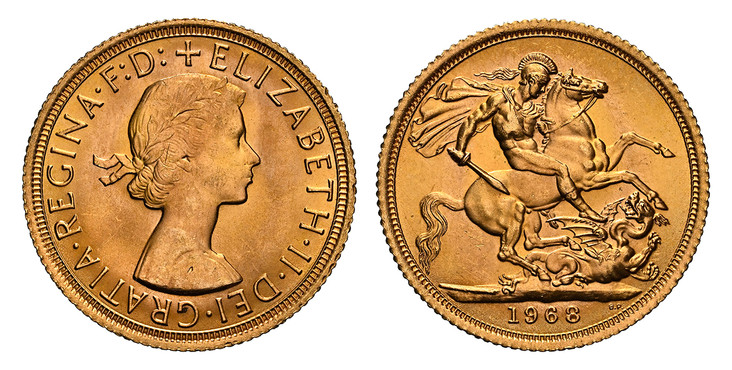 1085627 GREAT BRITAIN. Elizabeth II. (Queen, 1952-2022). 1968 AV Sovereign. NGC MS65.  Laureate bust right / St. George slaying the dragon. KM 908; SCBC-4125; Marsh 306.

Please use this link to verify the NGC certification number <a href="https:/...