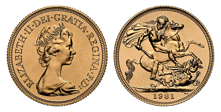1085634 GREAT BRITAIN. Elizabeth II. (Queen, 1952-2022). 1981 AV Sovereign. NGC MS64.  By Mary Gillick (Obv.). Young bust right / St. George slaying the dragon. KM 919; SCBC-4204.

Please use this link to verify the NGC certification number <a hre...