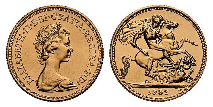 1085635 GREAT BRITAIN. Elizabeth II. (Queen, 1952-2022). 1982 AV Sovereign. NGC MS64.  Arnold Machin. Young bust right / St. George slaying the dragon. KM 919; SCBC-SC1.

Please use this link to verify the NGC certification number <a href="https:/...