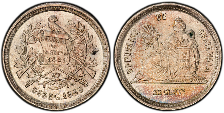 1086104 GUATEMALA. 1889 G (Mariano Gálvez, Assayer) AR 25 Centavos. PCGS MS64.  By Johann-Baptist Frener. Nueva Guatemala. 6.25gm. Justice seated left / Quetzal with scroll and weapons within wreath; signed on rifle stock. KM 205.1.

Assayer's ini...
