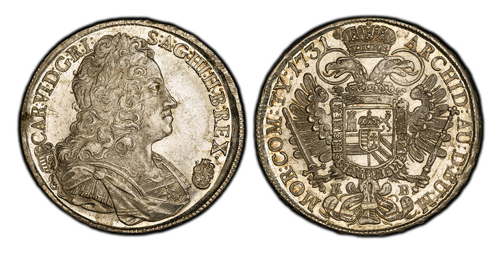 1085346 HUNGARY. Karl VI. 1731-KB AR Thaler. PCGS MS61.  CAR: VI · D: G: R: I: - S: A: G: HI: H: B: REX:. Armored laureate bust right / ARCHID: AU: D: BU: M:... Arms within Order chain on eagle's breast. KM 310.1; Dav.-1060.

Please use this link ...
