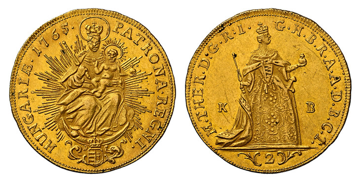 1085428 HUNGARY. Maria Theresia. 1765-KB AV 2 Ducats. NGC AU58.  Kormoczbanya. 6.64gm. M · THER · D: G · R · I · -  G · H · B · R · A · A · D · B · C · T ·. Standing woman / PATRONA · REGNI · - HUNGARIÆ · date. Radiant Madonna and child; without s...