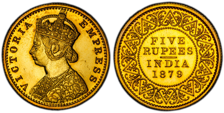 1086579 INDIA-BRITISH. Victoria. (Queen, 1837-1901). 1879-(b) AV Restrike 5 Rupees. PCGS PR64.  Bombay. Edge: Reeded. VICTORIA EMPRESS. Crowned bust left / Value and date within beaded circle and wreath. KM 493.1; Pridmore 45; S&W-6.26.

Please us...