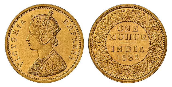 1085353 INDIA-BRITISH. Victoria. (Queen, 1837-1901). 1882-C AV Mohur. NGC MS62.  Calcutta. VICTORIA EMPRESS. Crowned bust left / Value and date within beaded circle and wreath. KM 496; Pridmore 14, S&W 6.11.

Please use this link to verify the NGC...