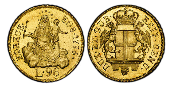 1086222 ITALIAN STATES. Genoa. 1796 AV 96 Lire. PCGS MS63.  DUX · ET · GUB REIP · GENU ·. Crowned arms with supporters on mantle above lion head / ET · REGE ·  EOS ·. Madonna and child above value. KM 251; Fr.-444.

Please use this link to verify ...