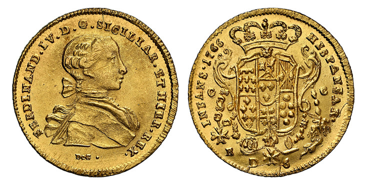 1083542 ITALIAN STATES. Naples. Ferdinando IV. 1766 DeG//CC-R AV 6 Ducati. NGC MS65.  8.85gm. FERDINAN(D) · IV · D · G · SICILIAR · ET HIER · REX ·. Youthful bust to right / HISPANIAR · - INFANS ·. Crowned ornate shield of 6-fold arms, with centra...