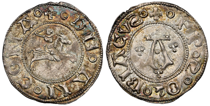 1084985 ITALIAN STATES. Papal States-Ancona. Anonymous. (1400-1500) ND AR 1/2 Grosso or Bolognino "Marchigiano". NGC MS63.  Ancona. 17mm. 0.96gm. + ⸰ DE ⸰ ANCONA. Knight with sword raised galloping on horseback, right / + ⸰ PP ⸰ S ⸰  QVIRIACVS ⸰. ...