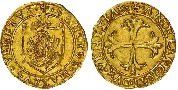 1086638 ITALIAN STATES. Venice. Andrea Gritti. (1523-39) AV Scudo d'Oro, Mezza Doppia. NGC MS64.  + ANDR(E)AS. GRITI. DVX. VENETIAR. Floriated cross in circle / + SANCTVS. MARCVS. VENETVS. Facing Lion of St. Mark in shield within circle. MB 54; Fr...