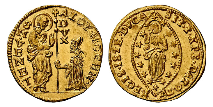 1084877 ITALIAN STATES. Venice. Alvise Mocenigo IV. (1763-78) AV Zecchino. NGC MS66.  3.48gm. ALOY. MOCEN. - S. M. VENET. St. Mark standing at left presenting staff with cross and DVX vertically at top to doge kneeling at right / SIT. T. XPE. DAT....