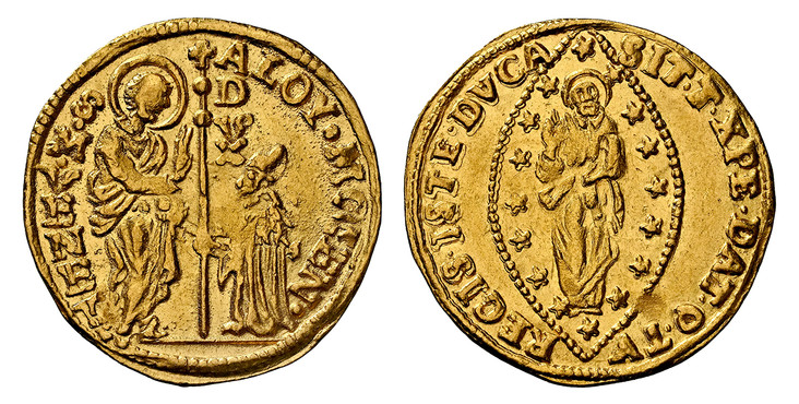 1084878 ITALIAN STATES. Venice. Alvise Mocenigo IV. (1763-78) AV Zecchino. NGC MS64.  3.47gm. ALOY. MOCEN. - S. M. VENET. St. Mark standing at left presenting staff with cross and DVX vertically at top to doge kneeling at right / SIT. T. XPE. DAT....