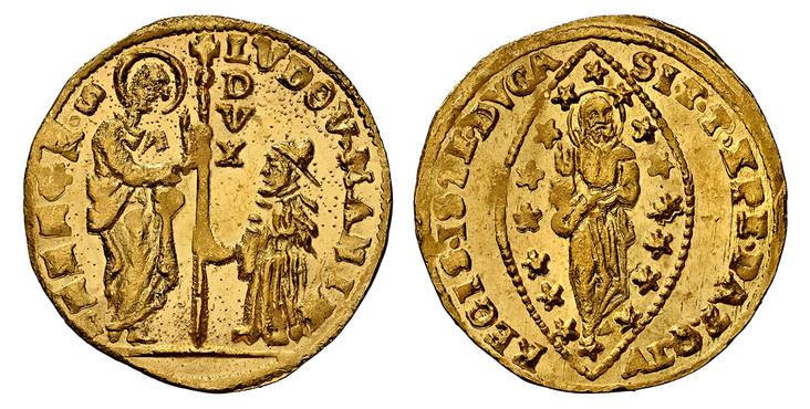 1084882 ITALIAN STATES. Venice. Lodovico Manin. (1789-97) AV Zecchino. NGC MS66.  21.5mm. 3.47gm. LVDOV. MANIN. - S. M. VENET./ DVX. St. Mark standing at left presenting staff with cross and DVX vertically at top to doge kneeling at right / SIT. T...