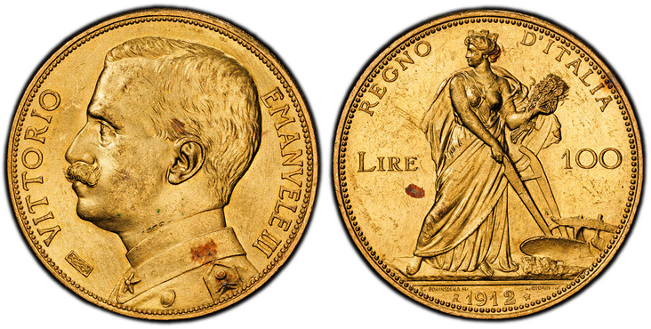 1084990 ITALY. Vittorio Emanuele III. (King, 1900-1946) . 1912-R AV 100 Lire. PCGS MS63.  By Egidio Boninsegna (M. L. Giorgi Inc.). Rome. Edge: Reeded. VITTORIO EMANUELE III . Bust left / REGNO D'ITALIA/ LIRE 100. Female with plow. KM 50; Fr.-26; ...