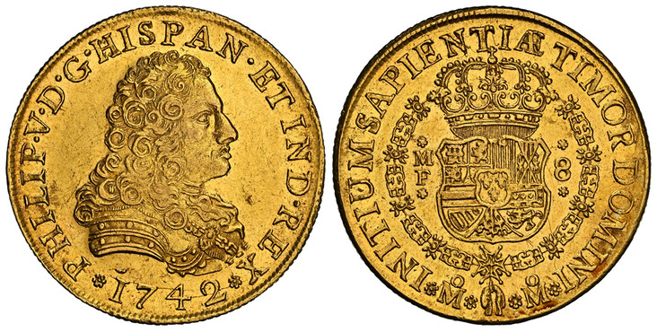 1086287 MEXICO. Philip V. 1742-Mo MF AV 8 Escudos. NGC AU58.  Mexico City. PHILIP · V · D · G · HISPAN · ET  IND · REX. Large, armored bust right / INITIUM SAPIENTIAE TIMOR DOMINI. Crowned shield flanked by M F 8 in order chain. KM 148; Fr.-8; Cal...