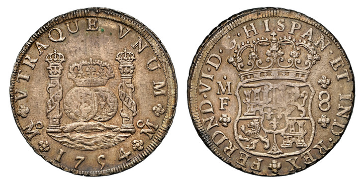 1086582 MEXICO. Ferdinand VI. 1754-Mo MF AR 8 Reales. NGC MS62.  Mexico City. FERDND · VI · D · G · HISPAN · ET  IND · REX. Crowned shield flanked by M M 8 / ...VNUM M. Imperial crown on left pillar. KM 104.1; Calico 482.

Please use this link to ...
