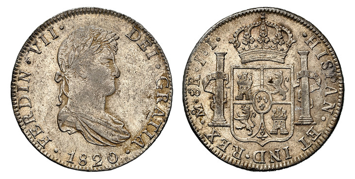 1085855 MEXICO. Ferdinand VII. 1820-Mo JJ AR 8 Reales. NGC AU55.  Mexico City. FERDIN · VII... Draped laureate bust right / IND · REX... Crowned shield flanked by pillars. KM 111.

Please use this link to verify the NGC certification number <a hre...