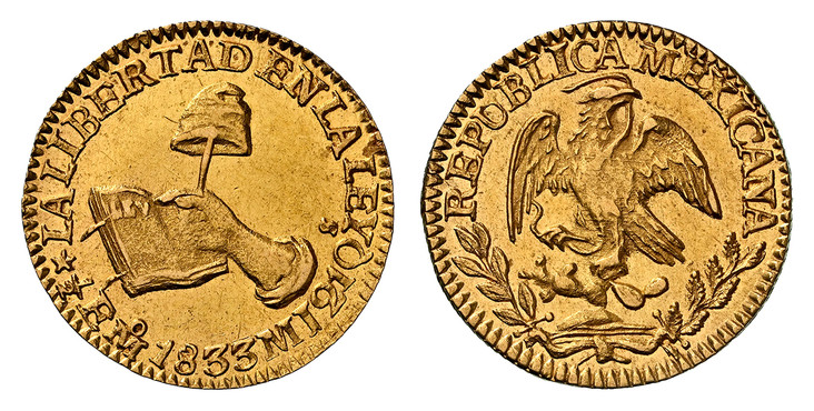 1085422 MEXICO. 1833-Mo MJ AV 1/2 Escudo. NGC MS63.  Mexico City. 1.68gm. REPUBLICA MEXICANA. Facing eagle, snake in beak / LIBERTAD... Hand holding cap on stick, open book. KM 378.5. Olive and oak branches reversed; Fr.-107.

Please use this link...