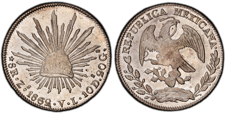 1086354 MEXICO. 1862-Zs VL AR 8 Reales. PCGS MS62.  Zacatecas. REPUBLICA MEXICANA. Facing eagle, snake in beak / Radiant cap. KM 377.12.

Please use this link to verify the PCGS certification number <a href="http://www.pcgs.com/cert/61884743/">618...