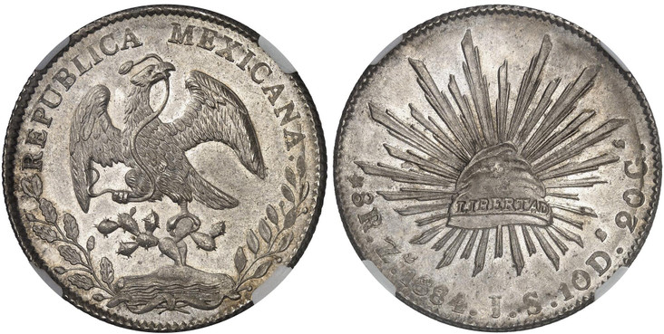 1086639 MEXICO. 1884-Zs JS AR 8 Reales. NGC MS65.  Zacatecas. REPUBLICA MEXICANA. Facing eagle, snake in beak / Radiant cap. KM 377.13; Grove 4601.

Please use this link to verify the NGC certification number <a href="https://www.ngccoin.com/certl...