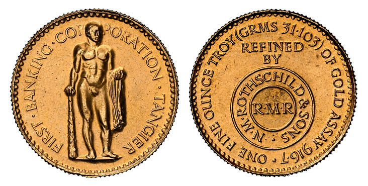 1085289 MOROCCO. Mohammed V. (1954) ND AV 500 Dirhams. NGC MS64.  Edge: Milled. FIRST · BANKING · CO - PORATION · TANGIER. Hercules standing, facing 3/4 right, holding club and hide / ONE FINE OUNCE TROY (GRAMS 31.103) OF GOLD ASSAY 916.7 ·// REFI...