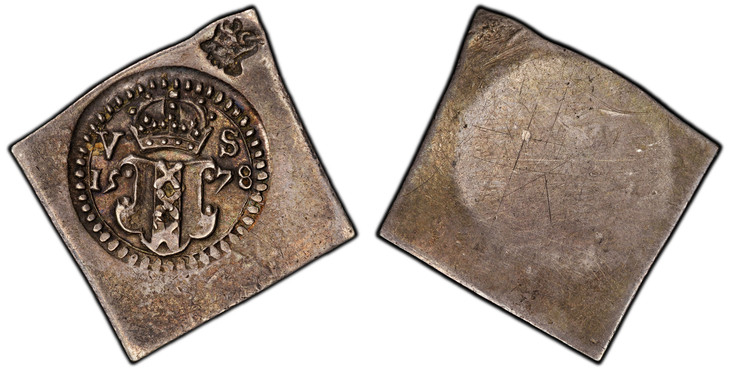 1085783 NETHERLANDS. Amsterdam. 1578 Briquet (Vuurstaal) AR Uniface Klippe 5 Stuivers. PCGS AU58.  3.35gm. Crowned city arms Amsterdam divides denomination V - S and date to either side. CNM 2.02.16; vG 116a; Vanhoudt 511.

Amsterdam besieged by t...