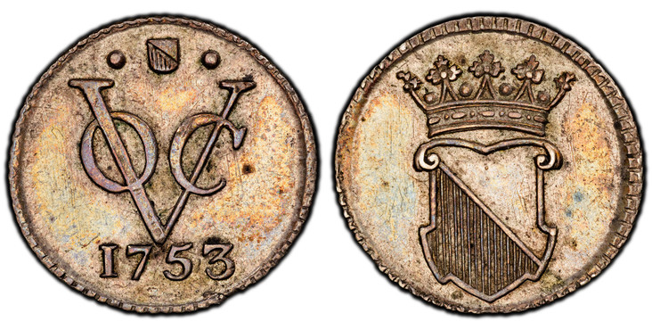 1085761 NETHERLANDS EAST INDIES. 1753 AR 1/2 Duit. PCGS SP61.  Utrecht. Edge: Reeded. 1.48gm. Crowned Utrecht arms with flat shield top / VOC monogram, date below. KM 112.1a; Scho.-396; Passon 14.9.

Please use this link to verify the PCGS certifi...