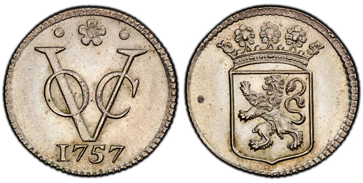 1085106 NETHERLANDS EAST INDIES. 1757-(rose) Wouter Buck (Mintmaster) AR Duit. PCGS SP64.  Dordrecht. 3.22gm. Crowned Holland arms / VOC monogram, date below. KM 70a; Scholten 136; Passon 12.2.

Special presentation strikes produced by the mintmas...
