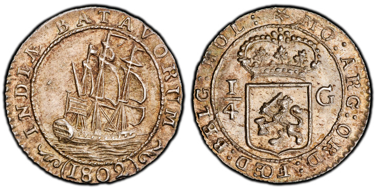 1085763 NETHERLANDS EAST INDIES. 1802 AR 1/4 Gulden. PCGS MS63.  Dordrecht. 2.74gm. INDIAE BATAVORUM. Early sailing ship / MO · ARG · ORD · FOED · BELG · HOL ·. Crowned Holland arms. KM 81; Scho.-492c; Passon 21.3.

Big mast of the ship under lett...