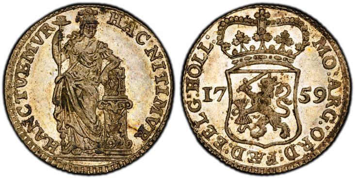 1085778 NETHERLANDS. Holland. 1759 AR 1/4 Gulden, 5 Stuiver. PCGS MS62.  MO: ARG : ORD: FÆD: BELG : HOLL :. Crowned arms of Holland divides date / HANCTVEMVR HAC NITIMVR. Standing figure leaning on column, holding pole with cap. KM 100; CNM 2.28.1...