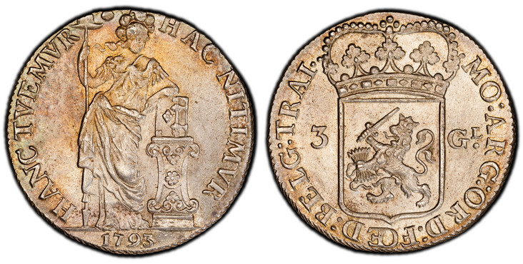 1085789 NETHERLANDS. Utrecht. 1793 AR 3 Gulden, 60 Stuiver. PCGS MS63.  Edge: Reeded. 31.71gm. MO : ARG : ORD : FOED : BELG · TRAI ·. Crowned arms of Utrecht divide value / HACNITIMVR ... Standing figure leaning on column with cap on pole, date be...