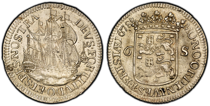 1085784 NETHERLANDS. West Friesland. 1678 AR 6 Stuivers, Scheepjesschelling. PCGS MS62.  3.13gm. Without B-P / Sailing ship to right. KM 76; CNM 2.15.8; Verkade 72.4.

Struck at private mint of Dirk Bosch in Enkhuizen.

Please use this link to ver...