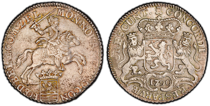 1085786 NETHERLANDS. Zeeland. 1790 AR Ducaton, Silver Rider. PCGS AU58.  Edge: Cabled. 32.57gm. MON: NOV: ARG: PRO: CON FOED: BELG: COM: ZEL ·. Armored Knight on horse above crowned shield / CONCORDIA RES · PARVÆ · CRESCUNT ·. Crowned arms of Zeel...