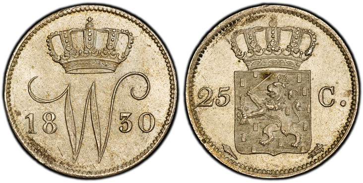 1085745 NETHERLANDS. William I. 1830-(Torch) AR 25 Cents. PCGS MS64.  Ultrecht. Edge: Plain. Crowned W divides date / Crowned arms divides value. KM 48; Sch.-292.

Please use this link to verify the PCGS certification number <a href="http://www.pc...