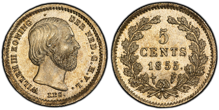 1085748 NETHERLANDS. William III. 1855-(Sword) AR 5 Cents. PCGS MS66.  Head right / Value and date within wreath. KM 91; Sch.-668.

Please use this link to verify the PCGS certification number <a href="http://www.pcgs.com/cert/53091372/">53091372<...