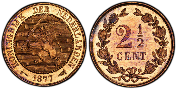 1085747 NETHERLANDS. William III. 1877-(Broadaxe) AE 2-1/2 Cent. PCGS PR63RB (Red-Brown).  Edge: Reeded. KONINGRIJK DER NEDERLANDEN. Crowned rampant lion, left, within beaded circle, date below / Value within wreath. KM 108.1; Sch.-679.

Please us...