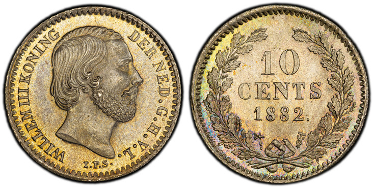 1085751 NETHERLANDS. William III. 1882-(Broadaxe) AR 10 Cents. PCGS MS65.  Edge: Reeded. WILLEM III KONING - DER NEDERLANDEN G.H.V.L. Head right / Value and date within wreath; dot after date. KM 80; Sch.-660.

Please use this link to verify the P...