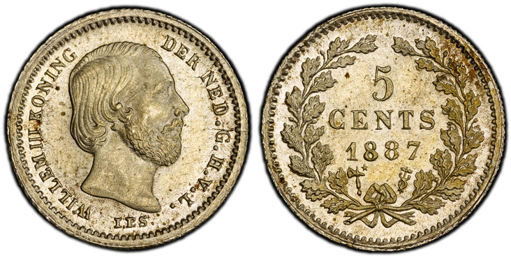 1085880 NETHERLANDS. William III. 1887-(Broadaxe with star) AR 5 Cents. PCGS MS65.  Head right / Value and date within wreath. KM 91; Scholten 676.

Please use this link to verify the PCGS certification number <a href="http://www.pcgs.com/cert/530...