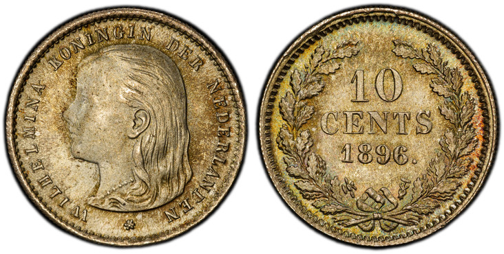 1085754 NETHERLANDS. Wilhelmina I. 1896-(Halberd) AR 10 Cents. PCGS MS65.  Edge: Reeded. WILHELMINA KONINGIN DER NEDERLANDEN. Young head left / Value and date within wreath. KM 116; Sch.-881.

Please use this link to verify the PCGS certification ...