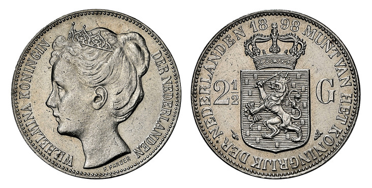 1085759 NETHERLANDS. Wilhelmina I. (Queen, 1890-1948). 1898 AR 2-1/2 Gulden. NGC MS60.  By P. Pander. Edge: GOD*ZY*MET*ONS*. WILHELMINA KONINGIN DER NEDERLANDEN. Crowned head left / (date) MUNT VAN HET KONINGRIJK DER NEDERLANDEN. Crowned arms divi...