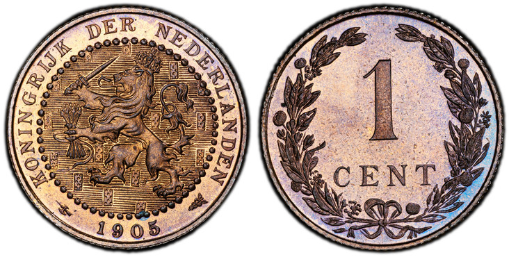 1085753 NETHERLANDS. Wilhelmina I. 1905 AE Cent. PCGS PR66RB (Red-Brown).  Edge: Reeded. KONINGRIJK DER NEDERLANDEN. Crowned arms with 15 medium shields within beaded circle / Value within wreath. KM 132.1; Sch.-973.
Ex Virgil M. Brand – Sotheby's...